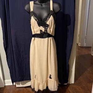 Cream Slip Dress with Black Lace Trim